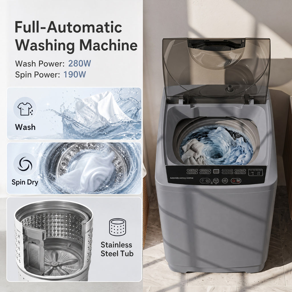 9.93 lbs Full Automatic Washing Machine with 8 Preset Programs-Gray