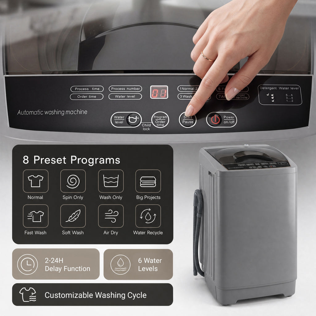9.93 lbs Full Automatic Washing Machine with 8 Preset Programs-Gray