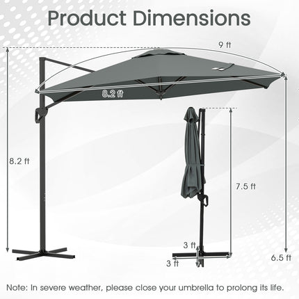 9 FT Cantilever Patio Umbrella with Vented Top and Sun-Protective Canopy-Gray