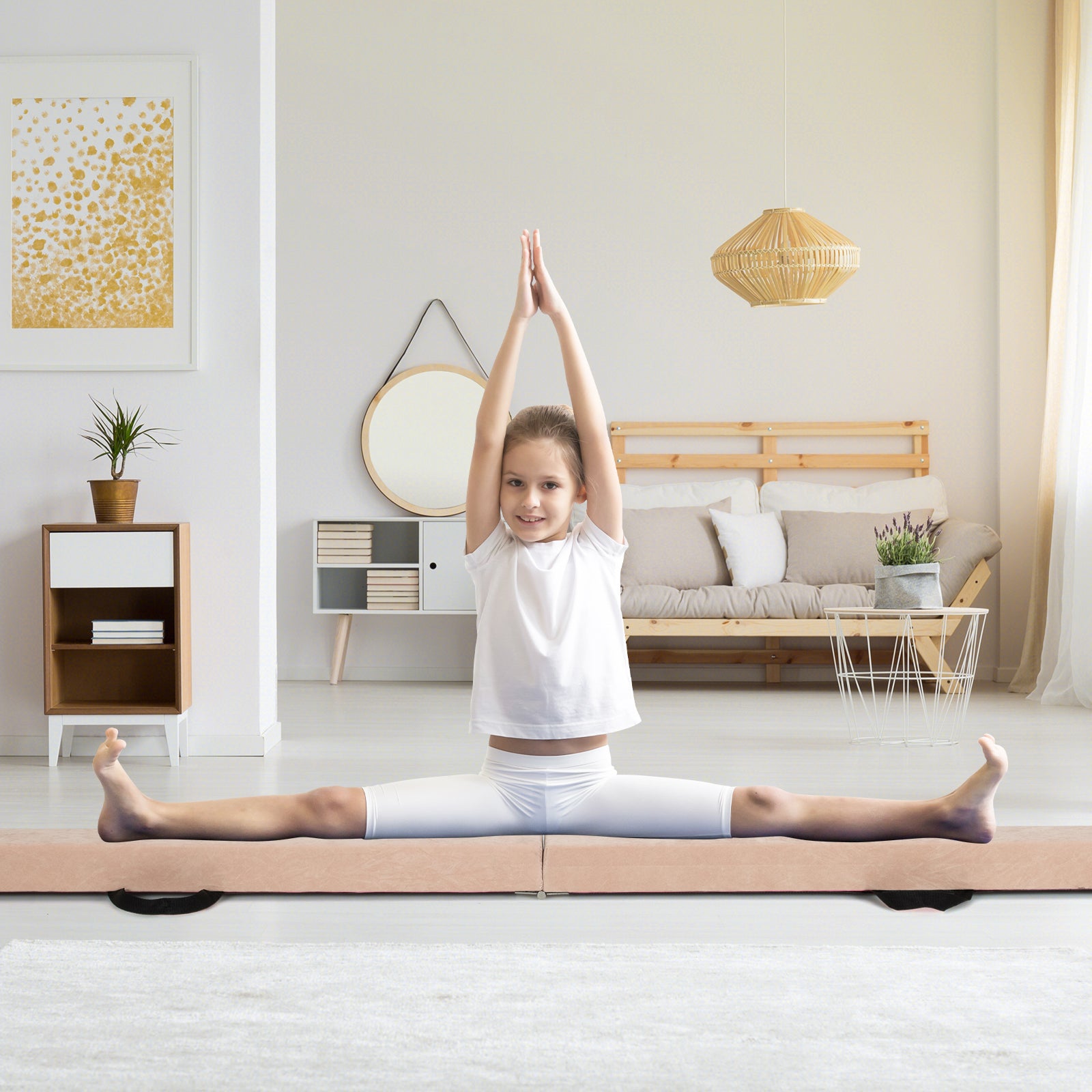 9 FT Folding Gymnastics Balance Beam with Anti-slip Base and Pine Wood Frame-Brown