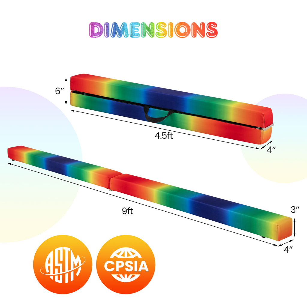 9 FT Folding Gymnastics Balance Beam with Anti-slip Base and Pine Wood Frame-Rainbow