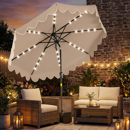 9 FT Outdoor Patio Umbrella with Solar LED Lights and Weighted Base-Brown