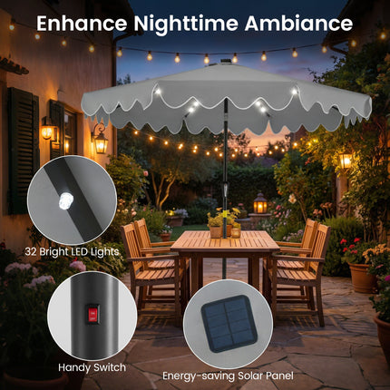 9 FT Outdoor Patio Umbrella with Solar LED Lights and Weighted Base-Gray