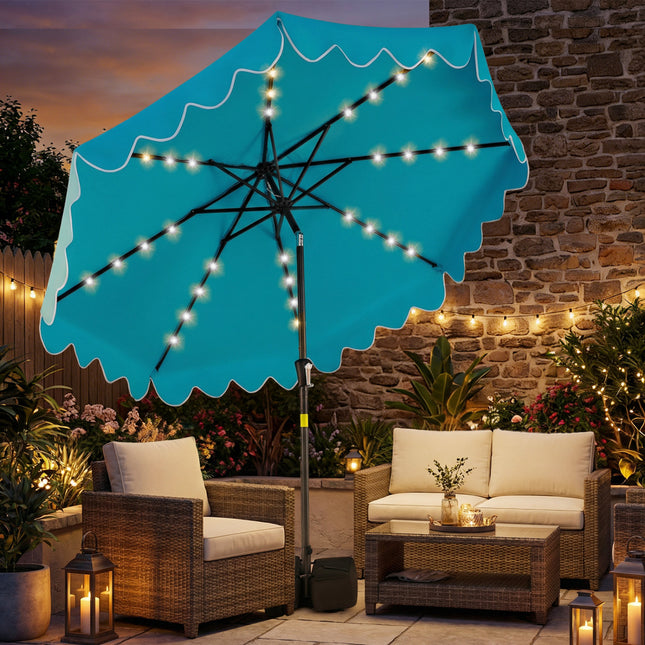 9 FT Outdoor Patio Umbrella with Solar LED Lights and Weighted Base-Turquoise