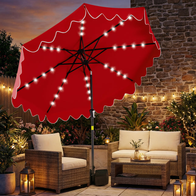 9 FT Outdoor Patio Umbrella with Solar LED Lights and Weighted Base-Red