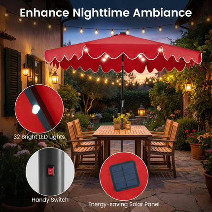 9 FT Outdoor Patio Umbrella with Solar LED Lights and Weighted Base-Red