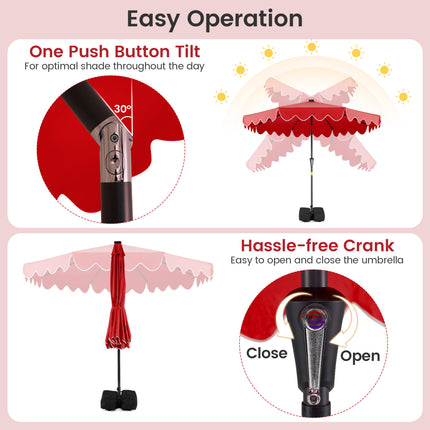 9 FT Outdoor Patio Umbrella with Solar LED Lights and Weighted Base-Red