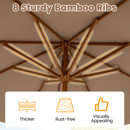 9 FT Patio Umbrella Outdoor Table Market Umbrella with 8 Sturdy Bamboo Ribs-Brown