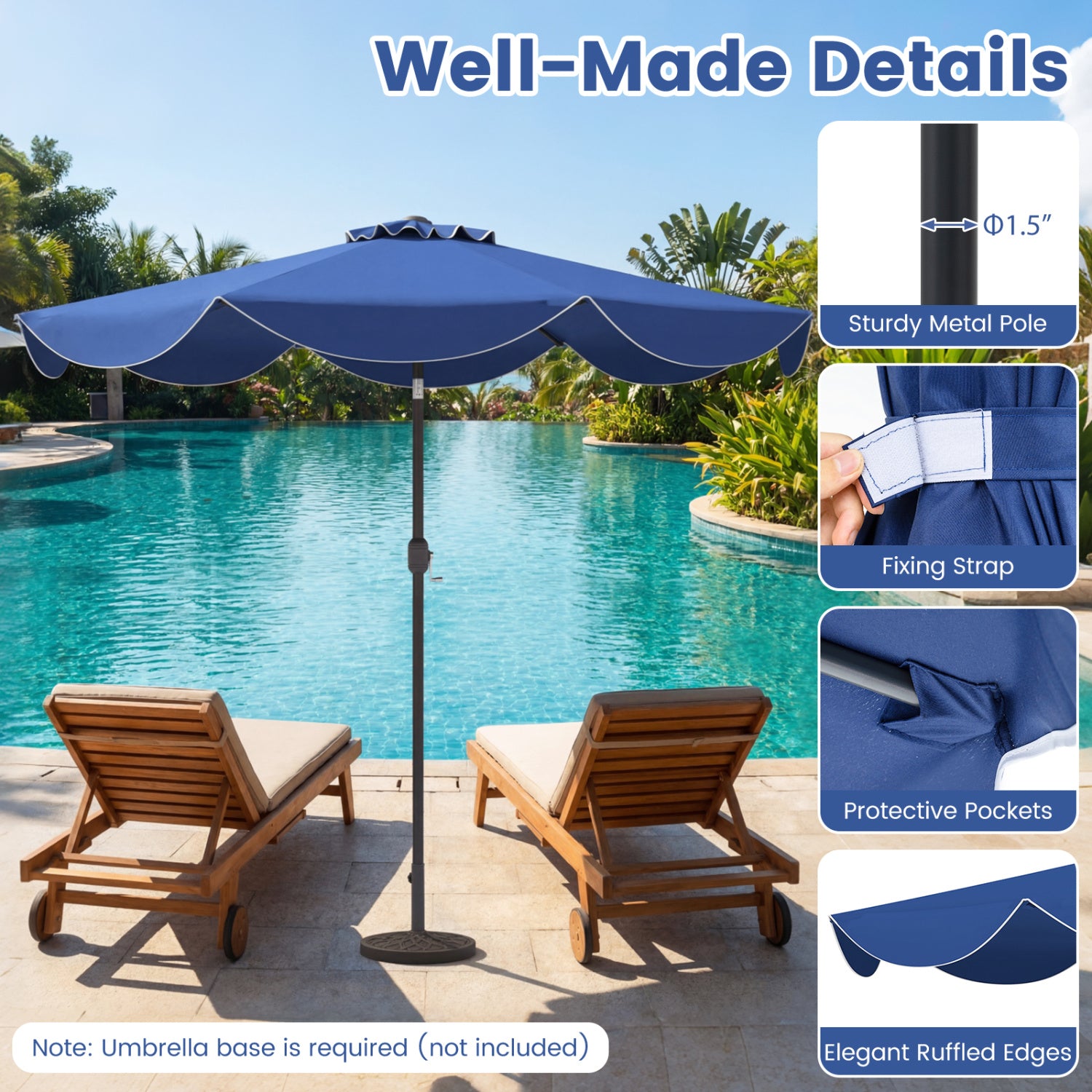 Parasol de terrasse de 2,74 m avec manivelle et bouton d'inclinaison - Bleu marine