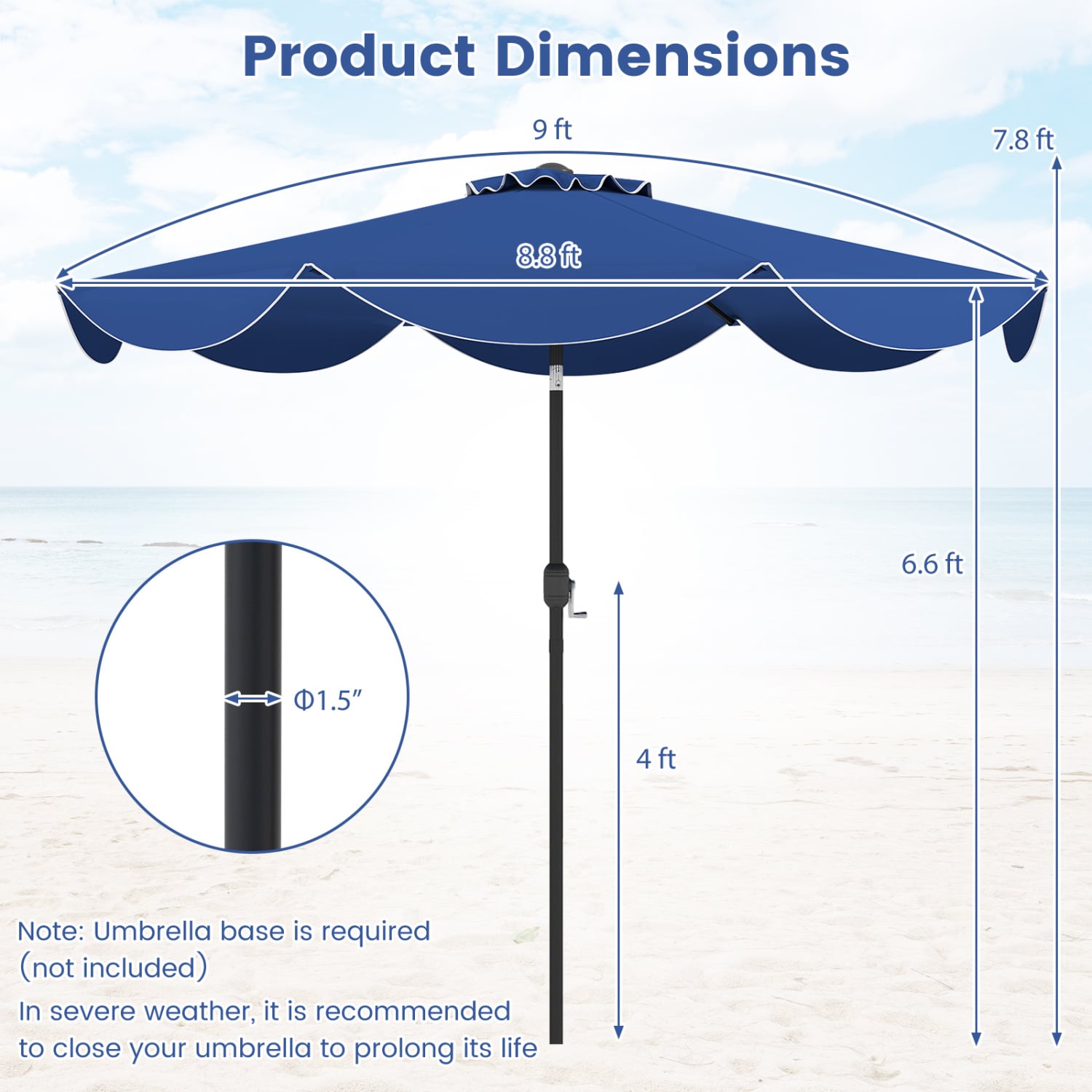 Parasol de terrasse de 2,74 m avec manivelle et bouton d'inclinaison - Bleu marine