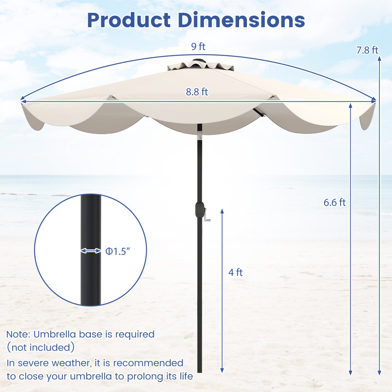 Parasol de terrasse de 2,74 m avec manivelle et bouton d'inclinaison - Beige