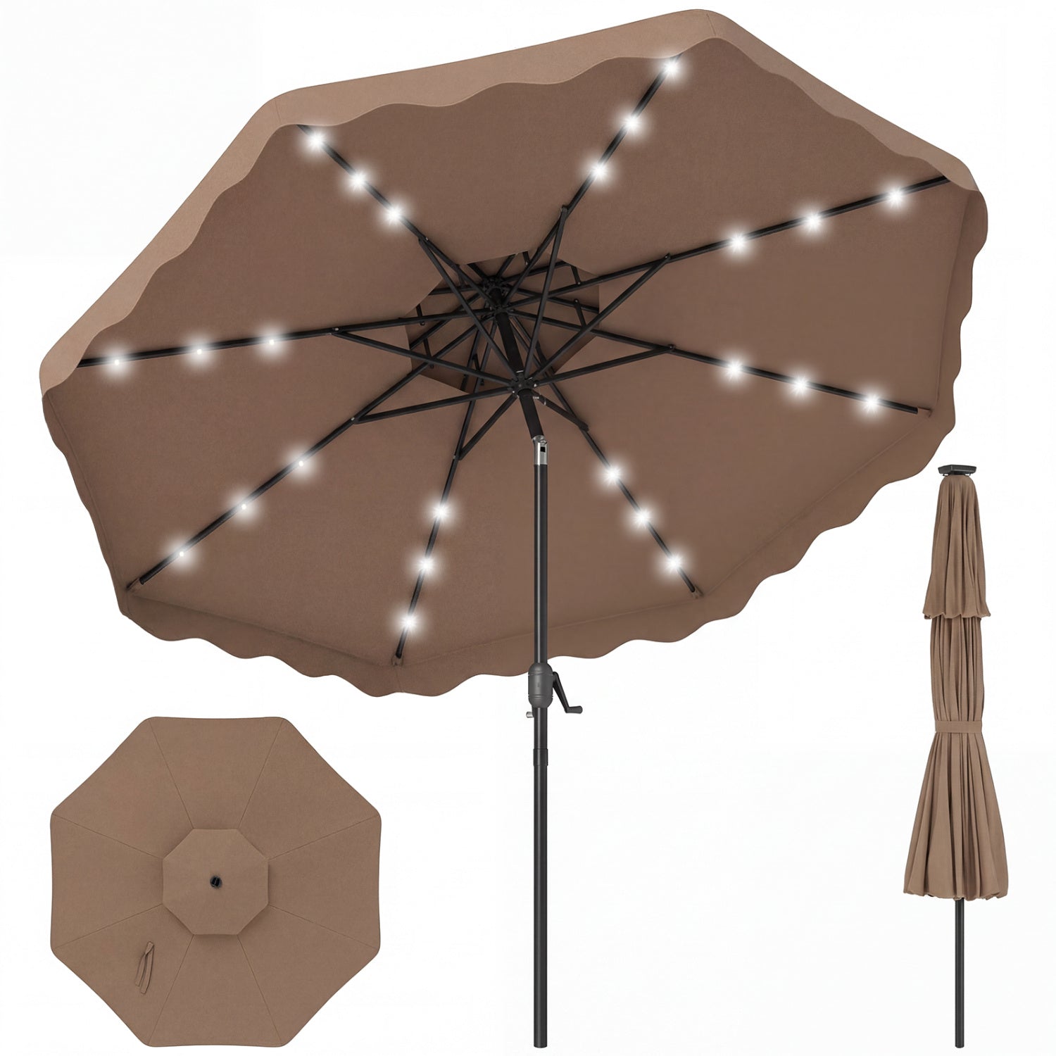 Parasol de patio à LED solaire de 2,74 m avec inclinaison par bouton-poussoir et manivelle, 24 lumières LED et 8 baleines - Marron