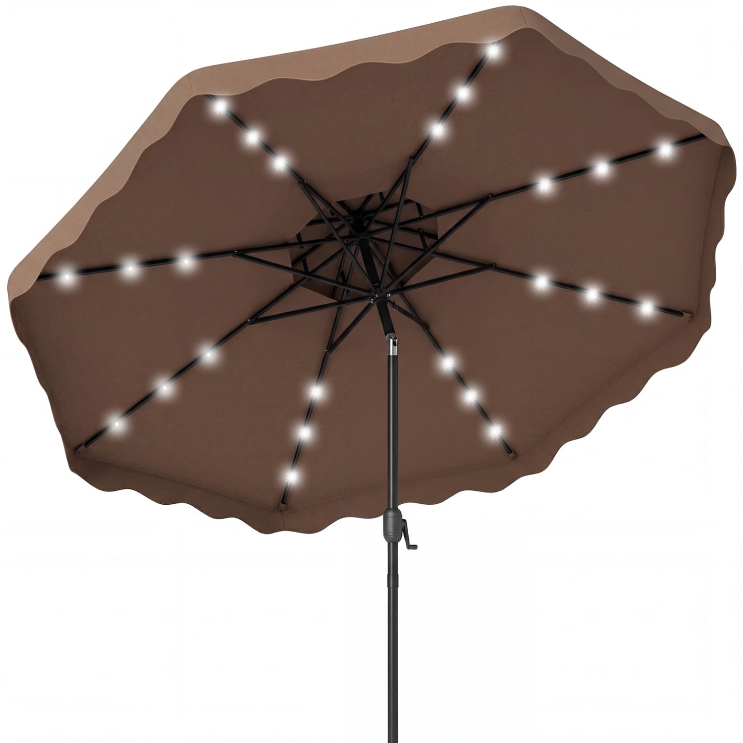 Parasol de patio à LED solaire de 2,74 m avec inclinaison par bouton-poussoir et manivelle, 24 lumières LED et 8 baleines - Marron