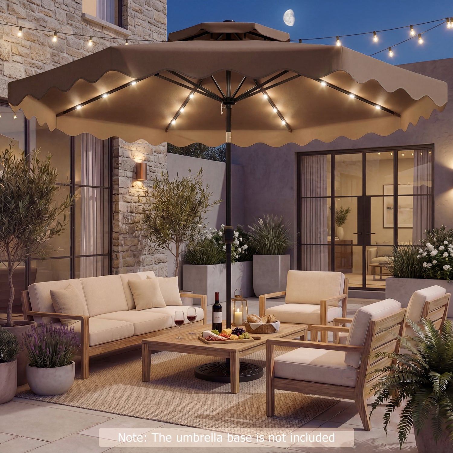 Parasol de patio à LED solaire de 2,74 m avec inclinaison par bouton-poussoir et manivelle, 24 lumières LED et 8 baleines - Marron