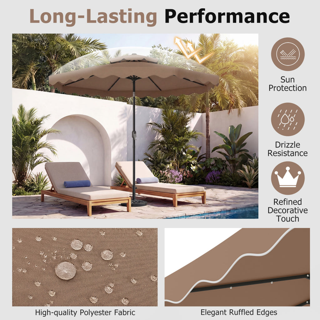 Parasol de patio à LED solaire de 2,74 m avec inclinaison par bouton-poussoir et manivelle, 24 lumières LED et 8 baleines - Marron