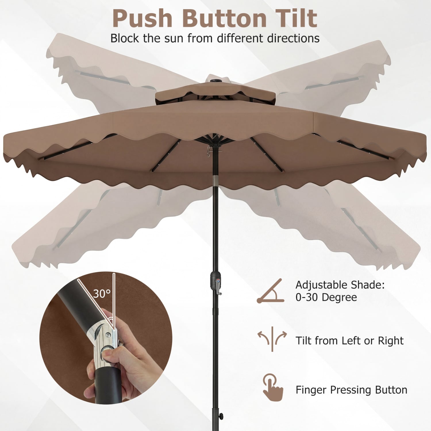 Parasol de patio à LED solaire de 2,74 m avec inclinaison par bouton-poussoir et manivelle, 24 lumières LED et 8 baleines - Marron