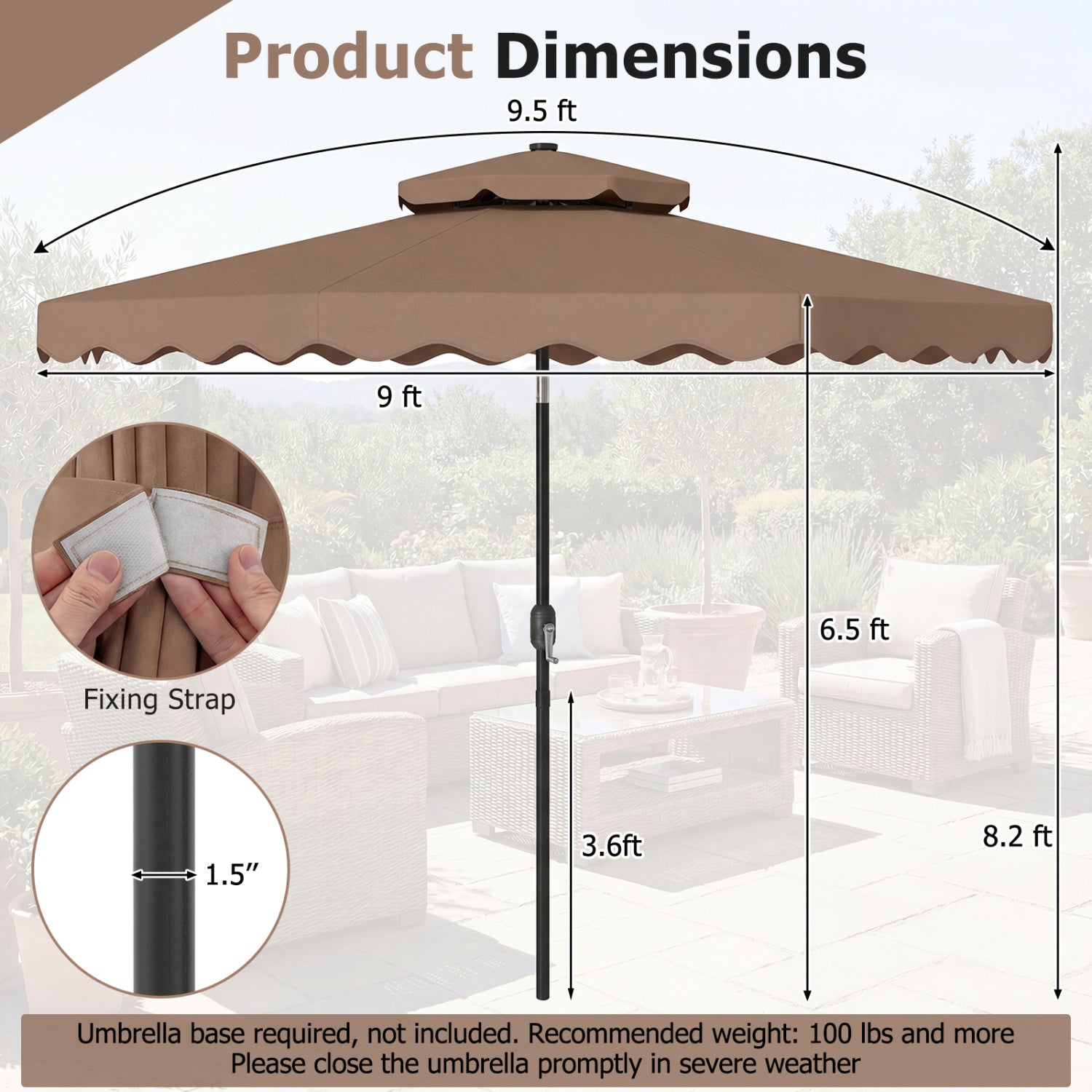 Parasol de patio à LED solaire de 2,74 m avec inclinaison par bouton-poussoir et manivelle, 24 lumières LED et 8 baleines - Marron