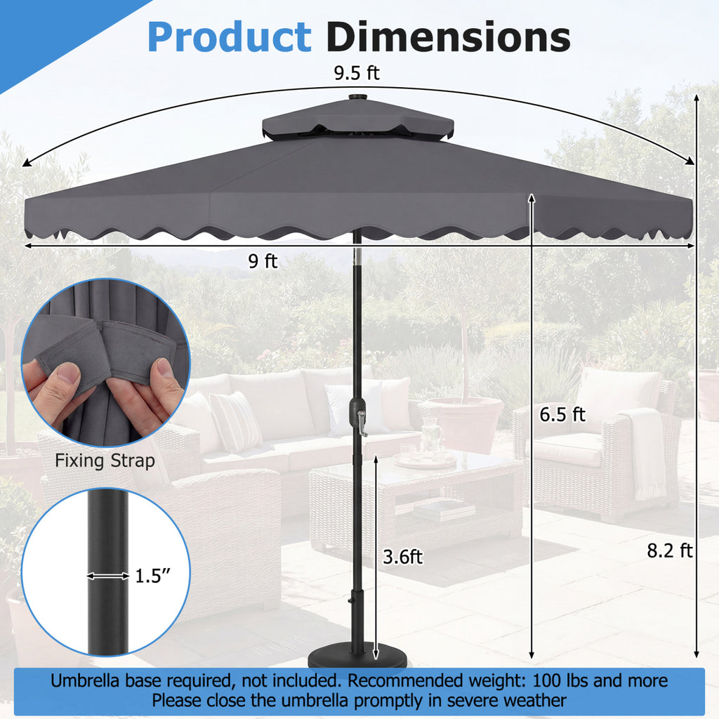 Parasol de terrasse solaire de 2,74 m avec inclinaison et manivelle à bouton-poussoir, 24 lumières LED et 8 baleines - Gris