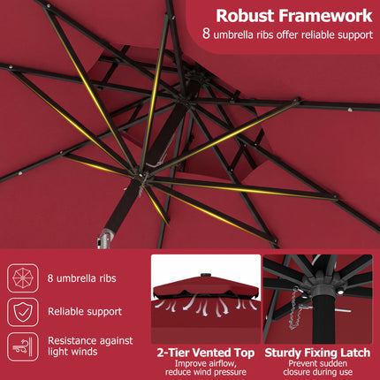 9 FT Solar LED Patio Umbrella Push-Button Tilt and Crank 24 LED Lights and 8 Ribs-Red