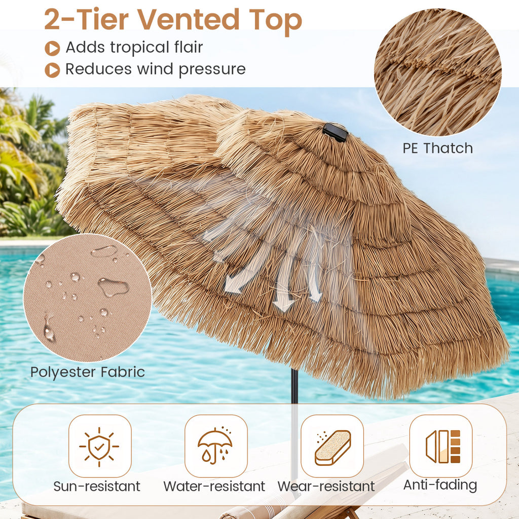 9 FT Solar Thatched Tiki Umbrella with 96 Multi-colored Flowing Lights and 12 Modes-Beige
