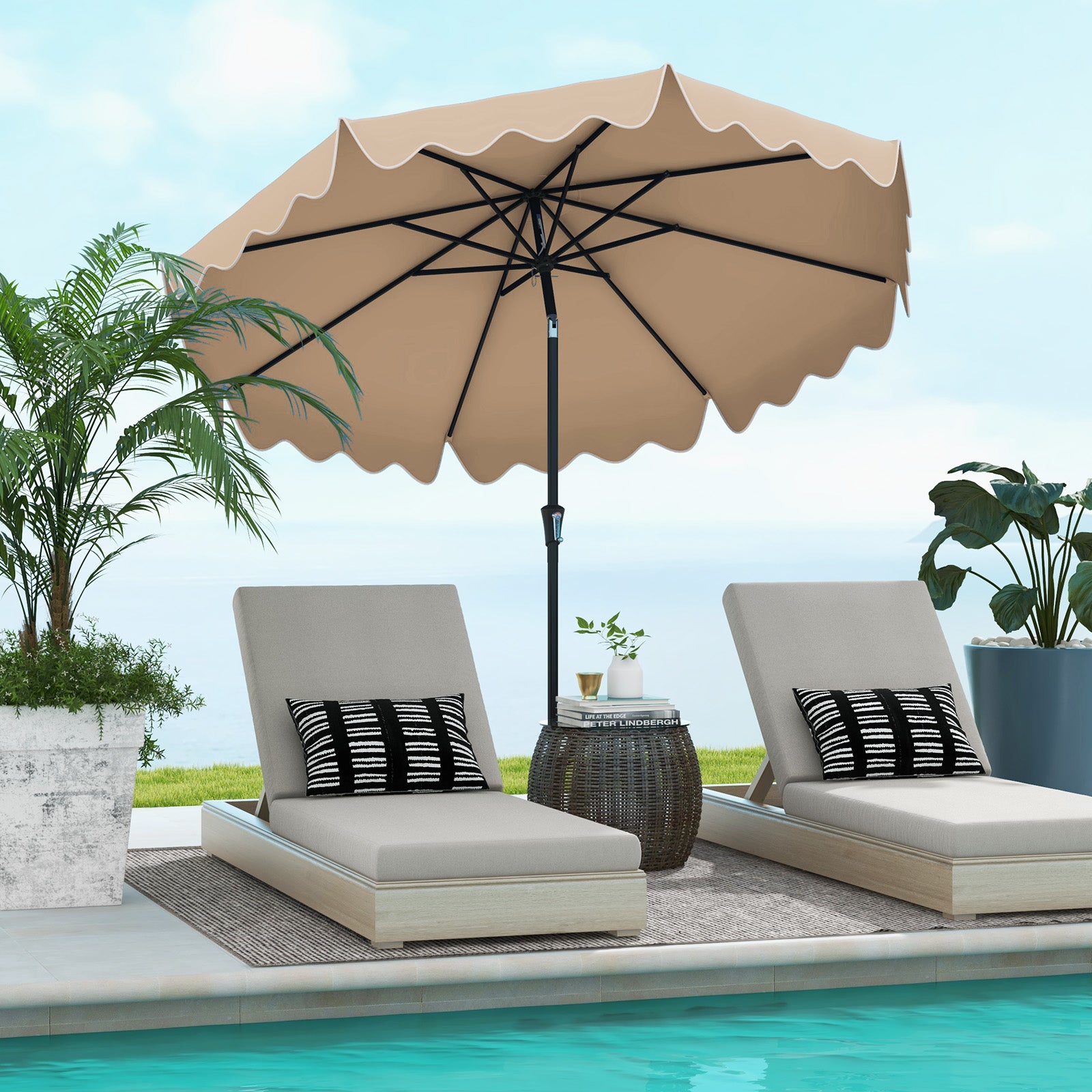 Parasol de terrasse de 2,7 m avec manivelle et bouton poussoir inclinable - Marron