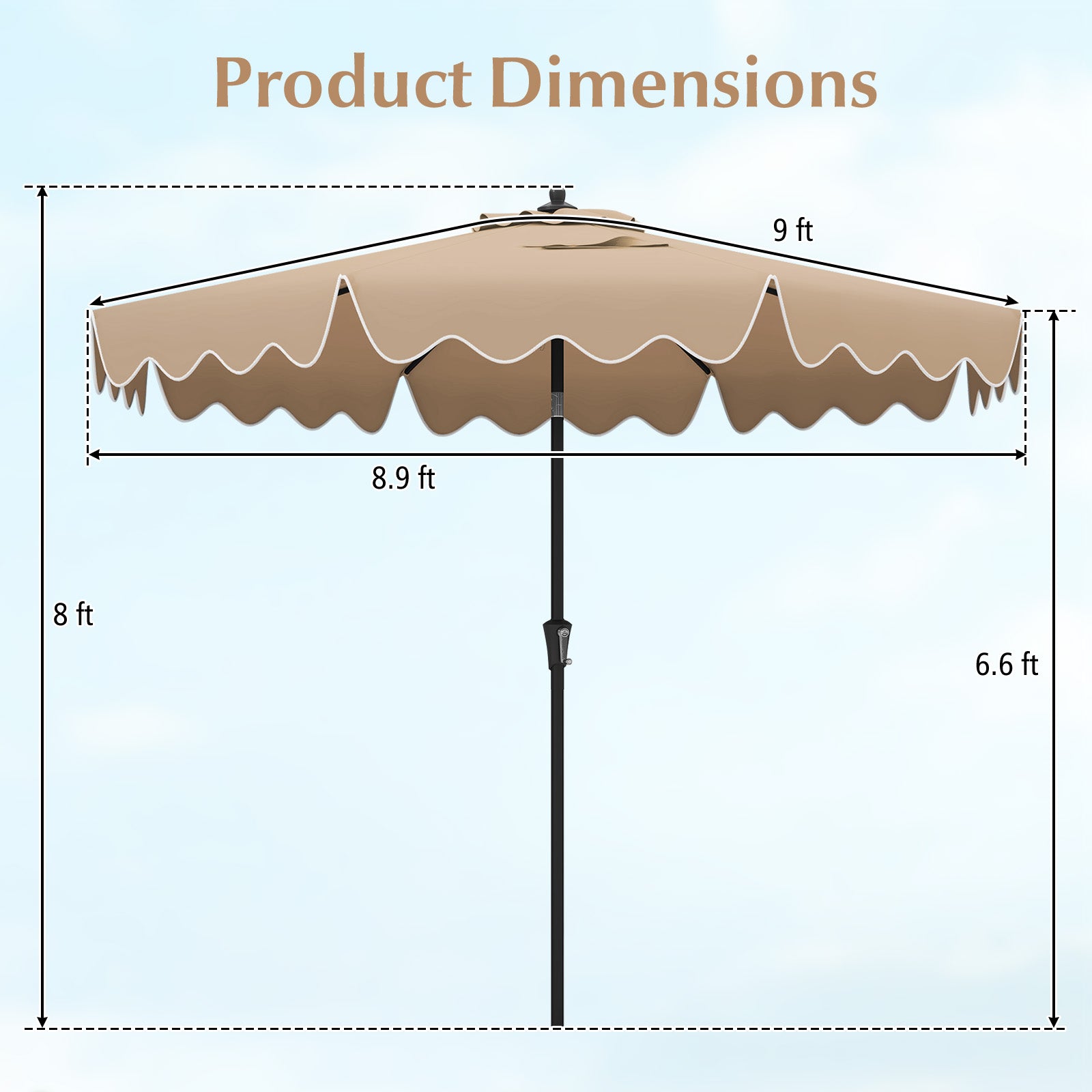 Parasol de terrasse de 2,7 m avec manivelle et bouton poussoir inclinable - Marron