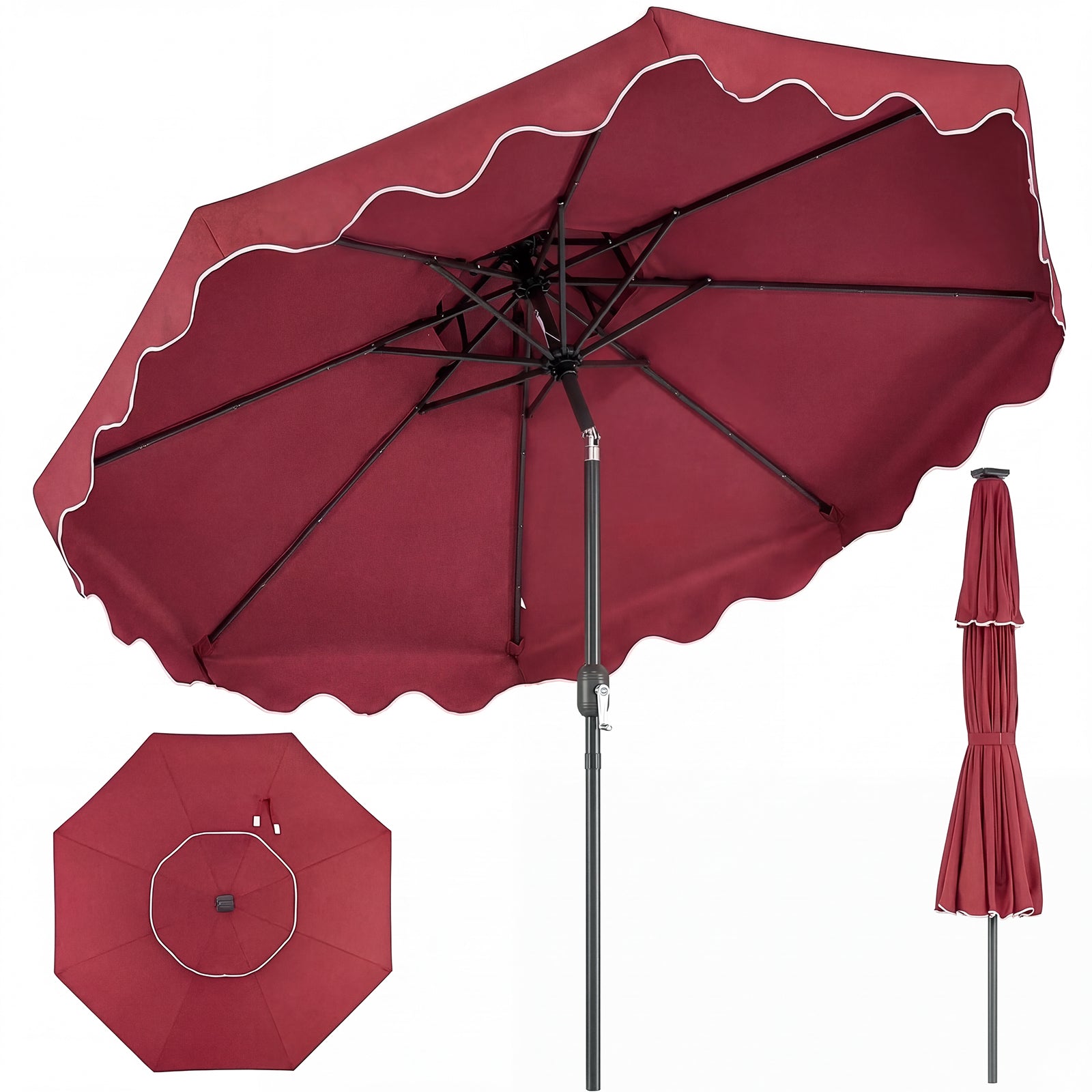 Parasol de terrasse de 2,74 m avec inclinaison par bouton-poussoir et manivelle - Vin