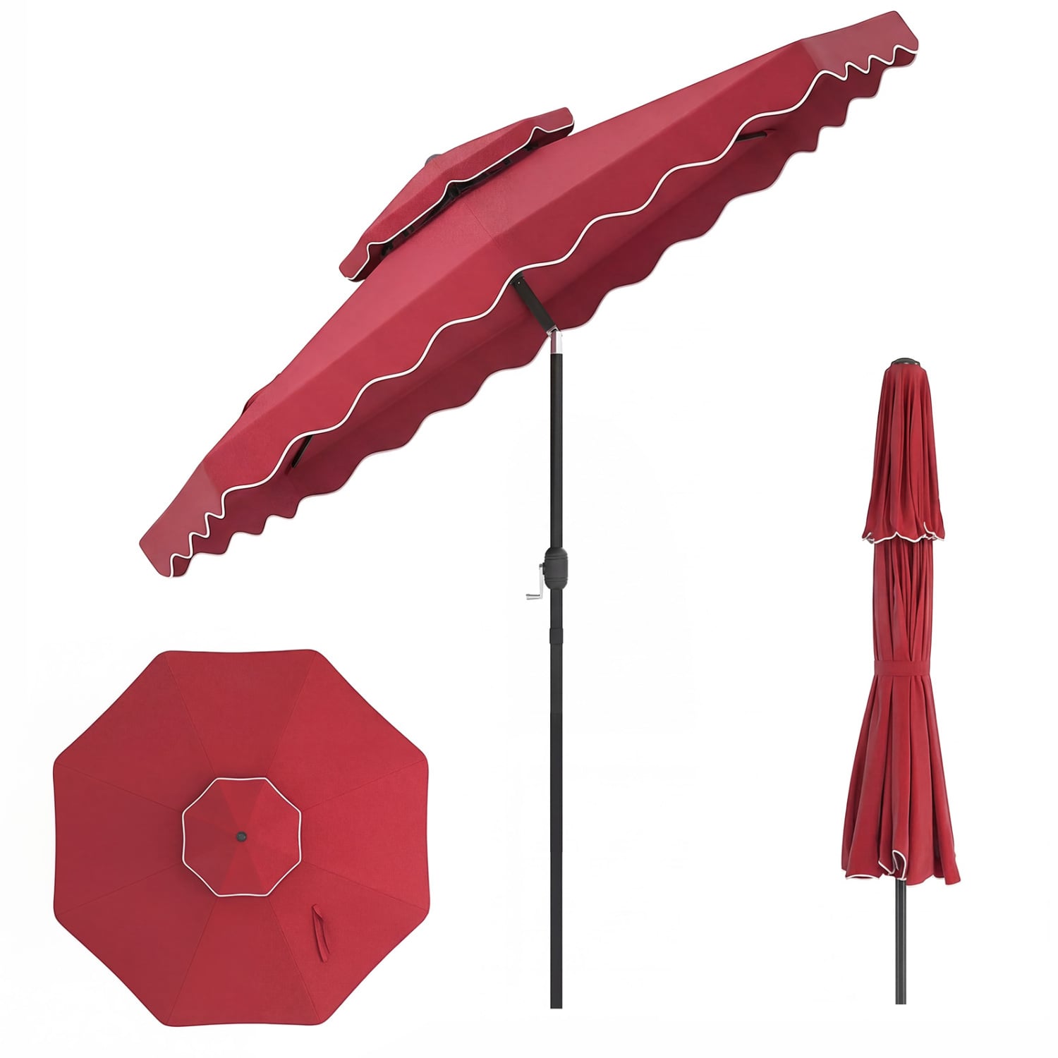 Parasol de terrasse de 2,74 m avec inclinaison par bouton-poussoir et manivelle - Vin