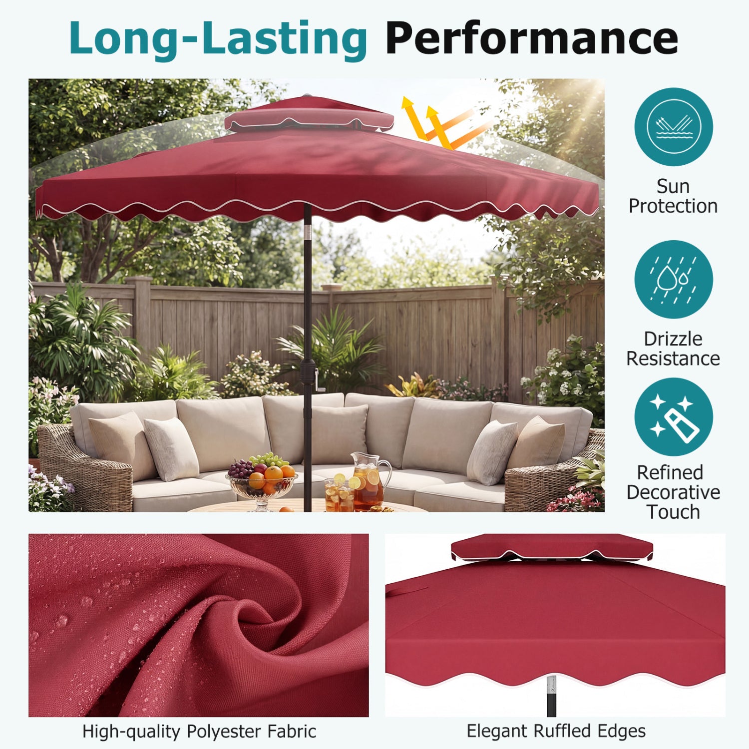 Parasol de terrasse de 2,74 m avec inclinaison par bouton-poussoir et manivelle - Vin
