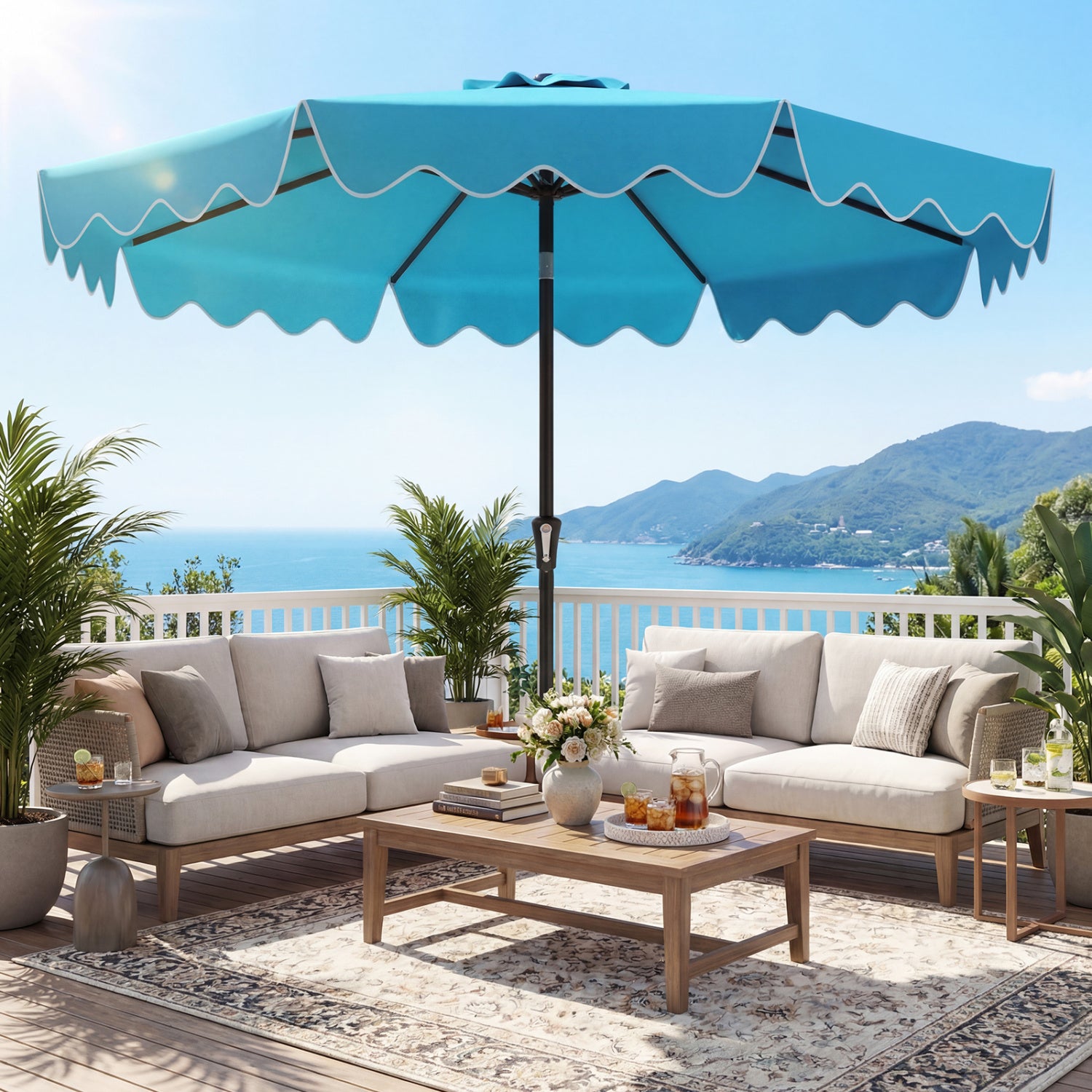 Parasol de terrasse de 2,7 m avec base lestée et sacs de sable - Turquoise