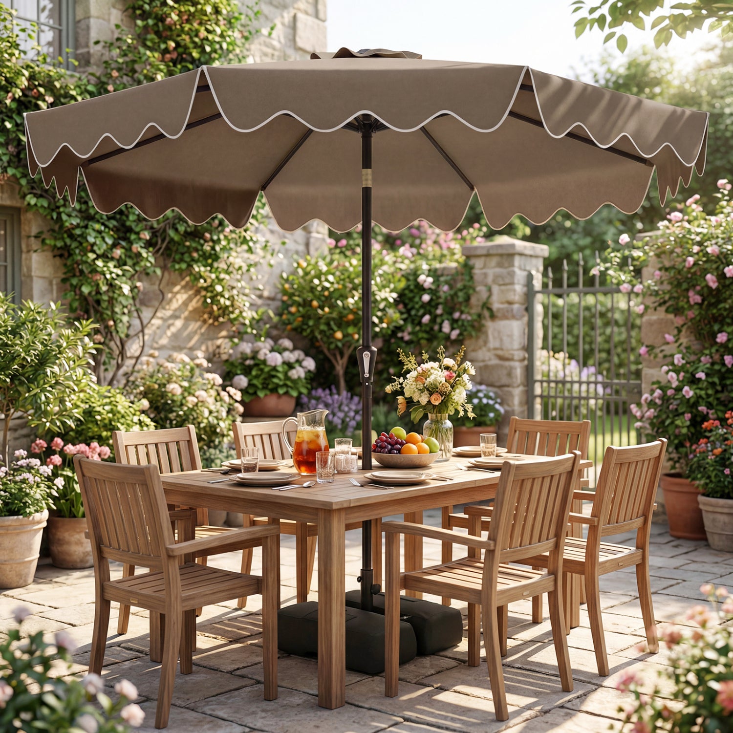 Parasol de terrasse de 9 pieds avec base lestée et sacs de sable - Marron
