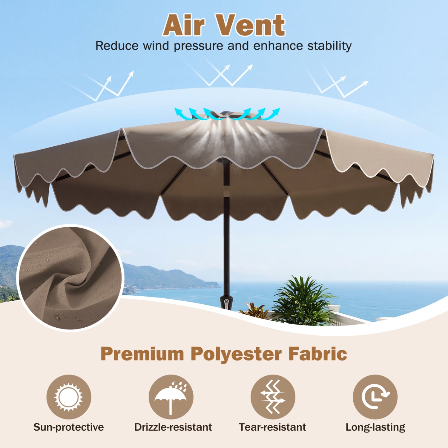 Parasol de terrasse de 9 pieds avec base lestée et sacs de sable - Marron