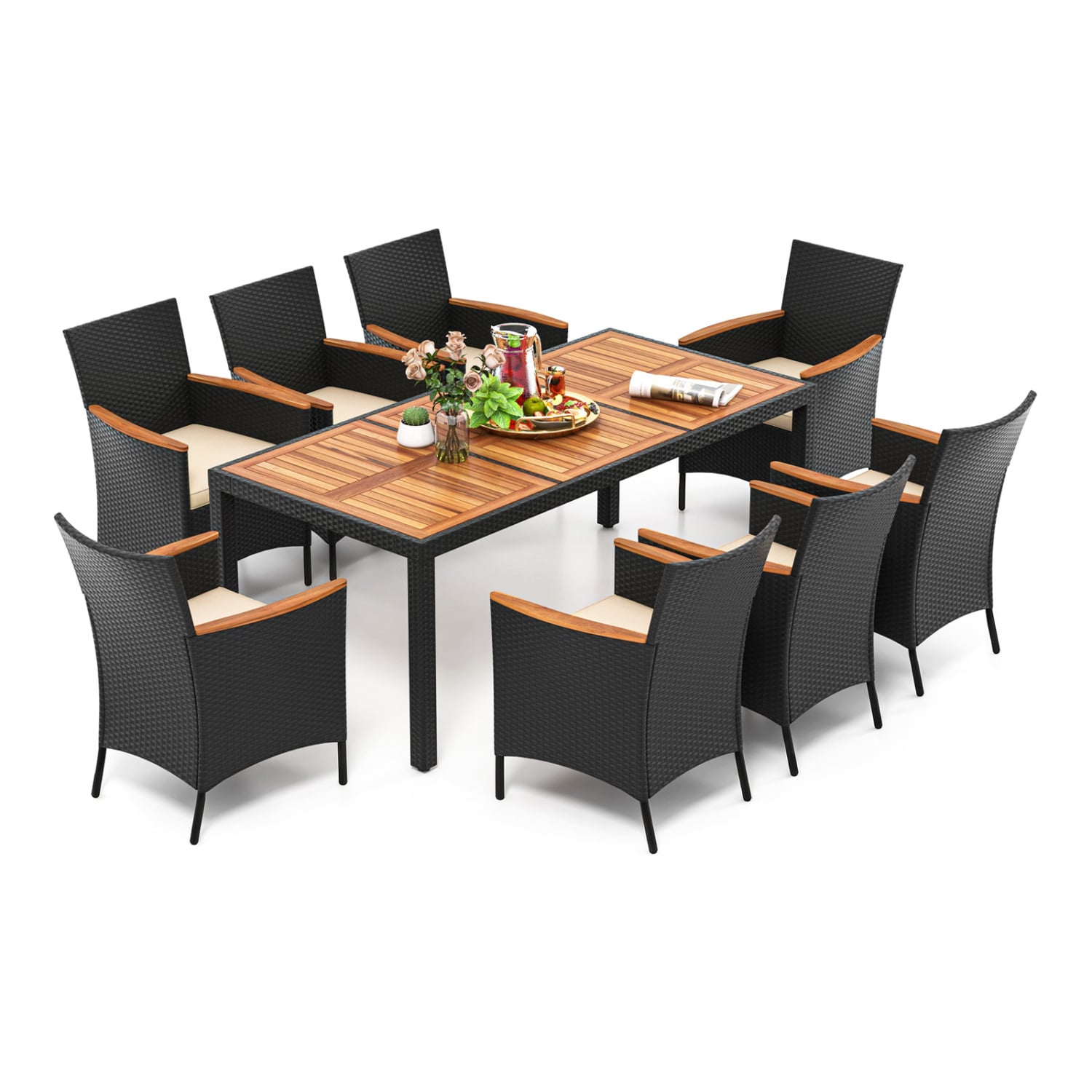 9 Pieces Outdoor Dining Set with Acacia Wood Tabletop
