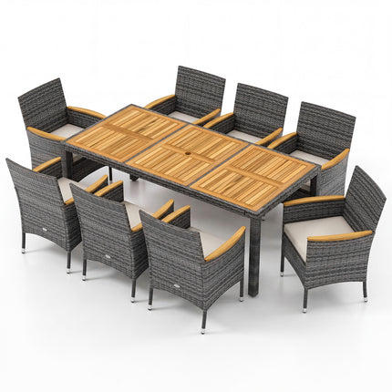 9 Pieces Rattan Patio Dining Set with Acacia Wood Table and Cushioned Chair
