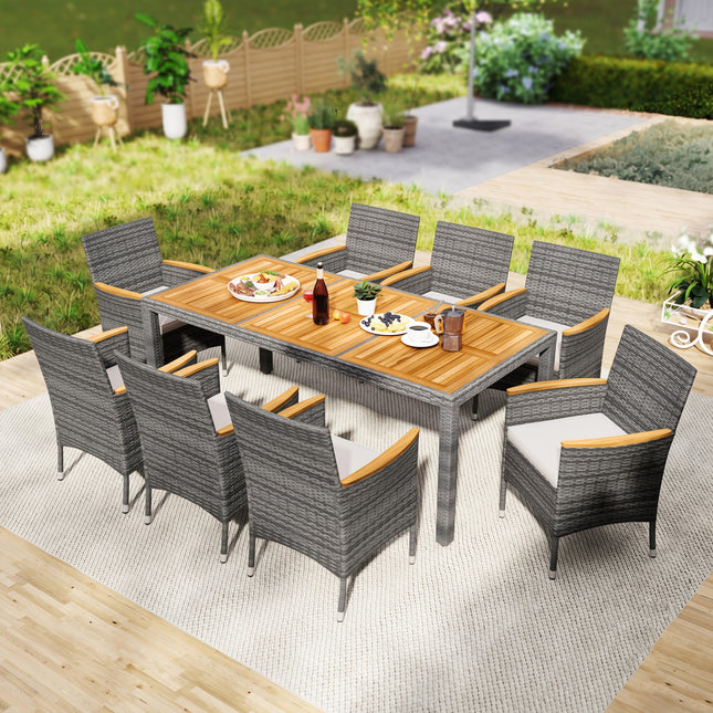 9 Pieces Rattan Patio Dining Set with Acacia Wood Table and Cushioned Chair