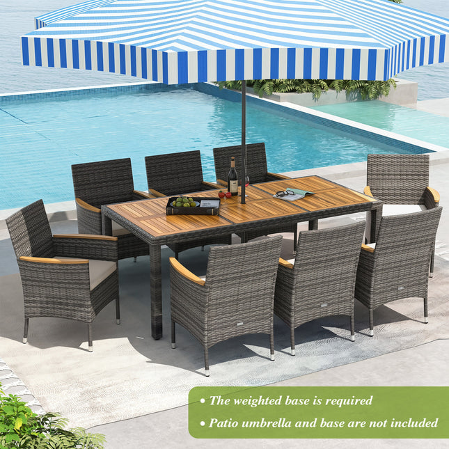 9 Pieces Rattan Patio Dining Set with Acacia Wood Table and Cushioned Chair