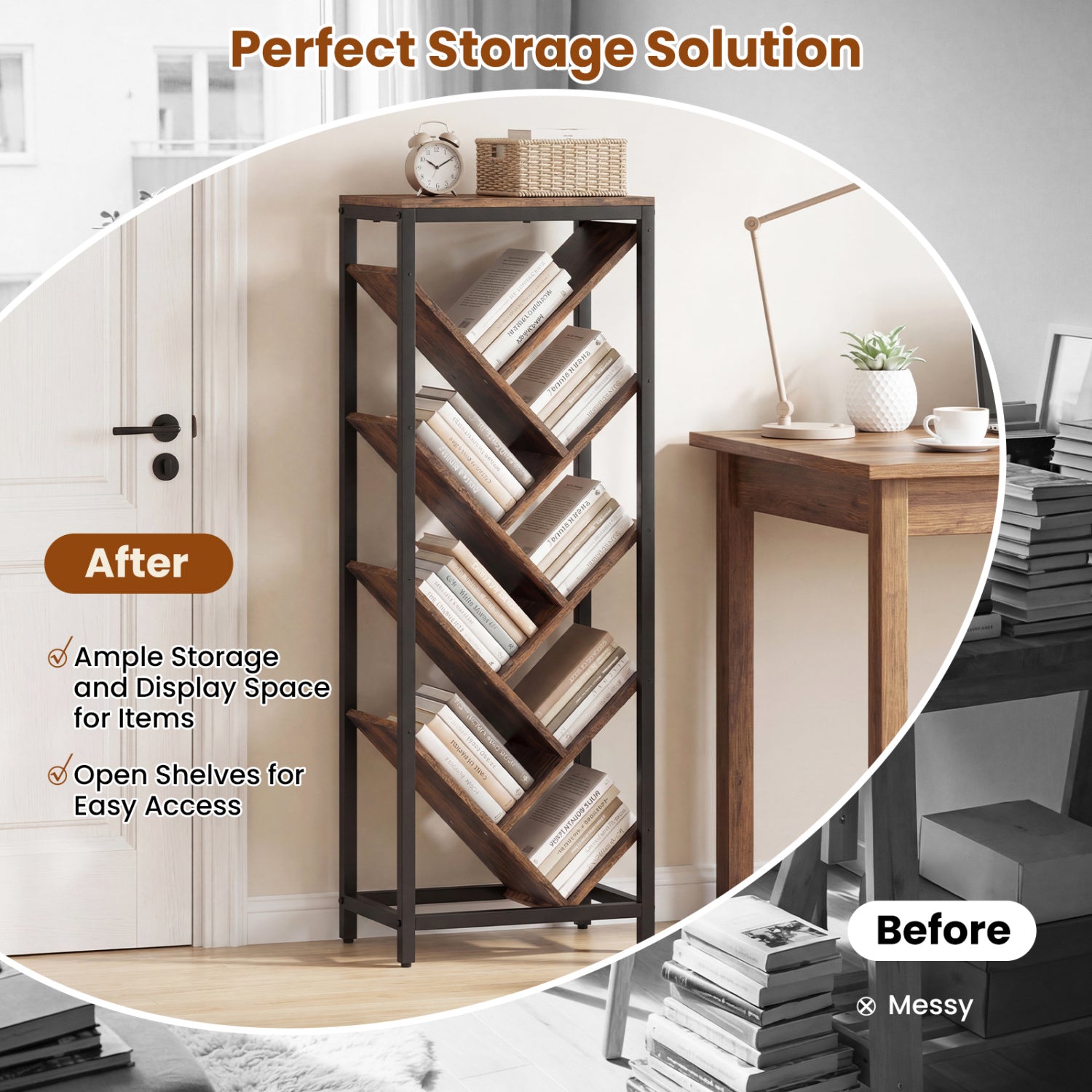 9-Tier Freestanding Bookcase for Hardcover Books-Rustic Brown
