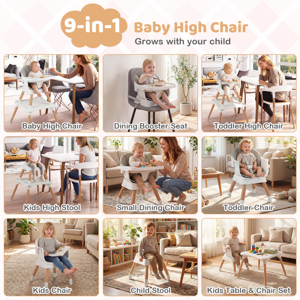 9-in-1 Convertible High Chair with Solid Wood Legs for Babies and Toddlers-White