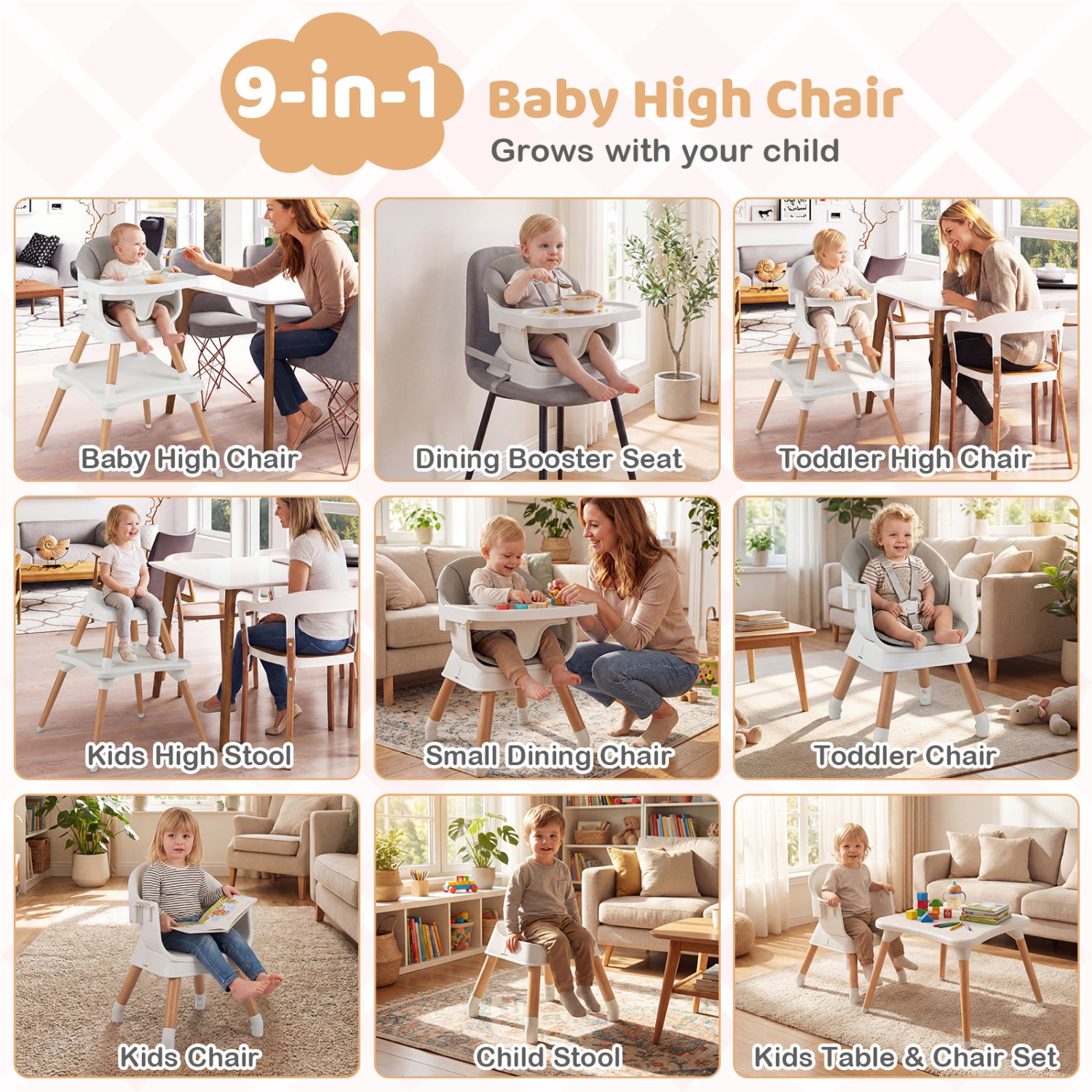 9-in-1 Convertible High Chair with Solid Wood Legs for Babies and Toddlers-White