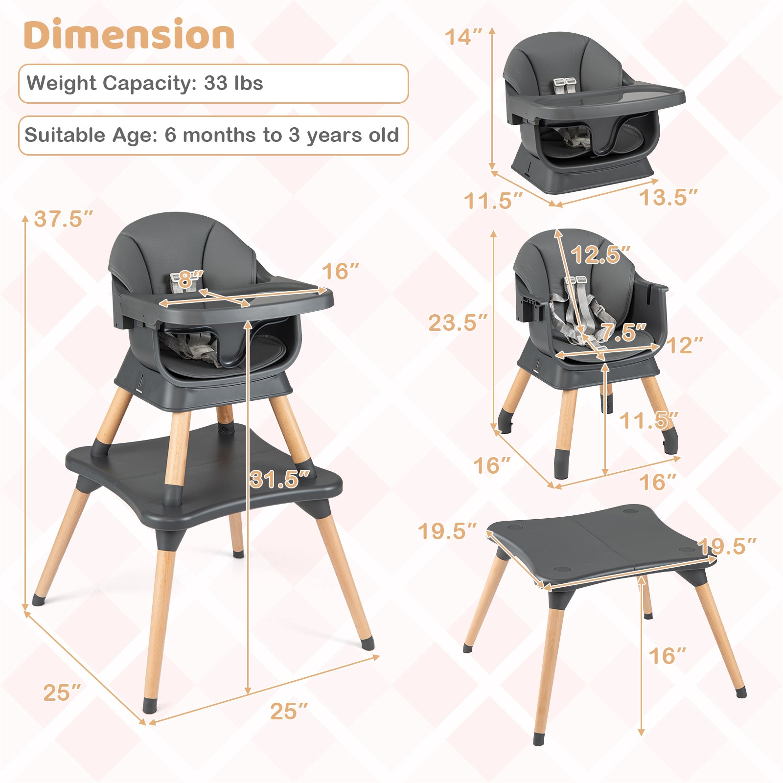 9-in-1 Convertible High Chair with Solid Wood Legs for Babies and Toddlers-Gray