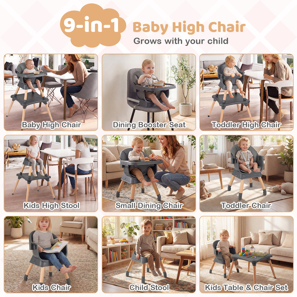 9-in-1 Convertible High Chair with Solid Wood Legs for Babies and Toddlers-Gray