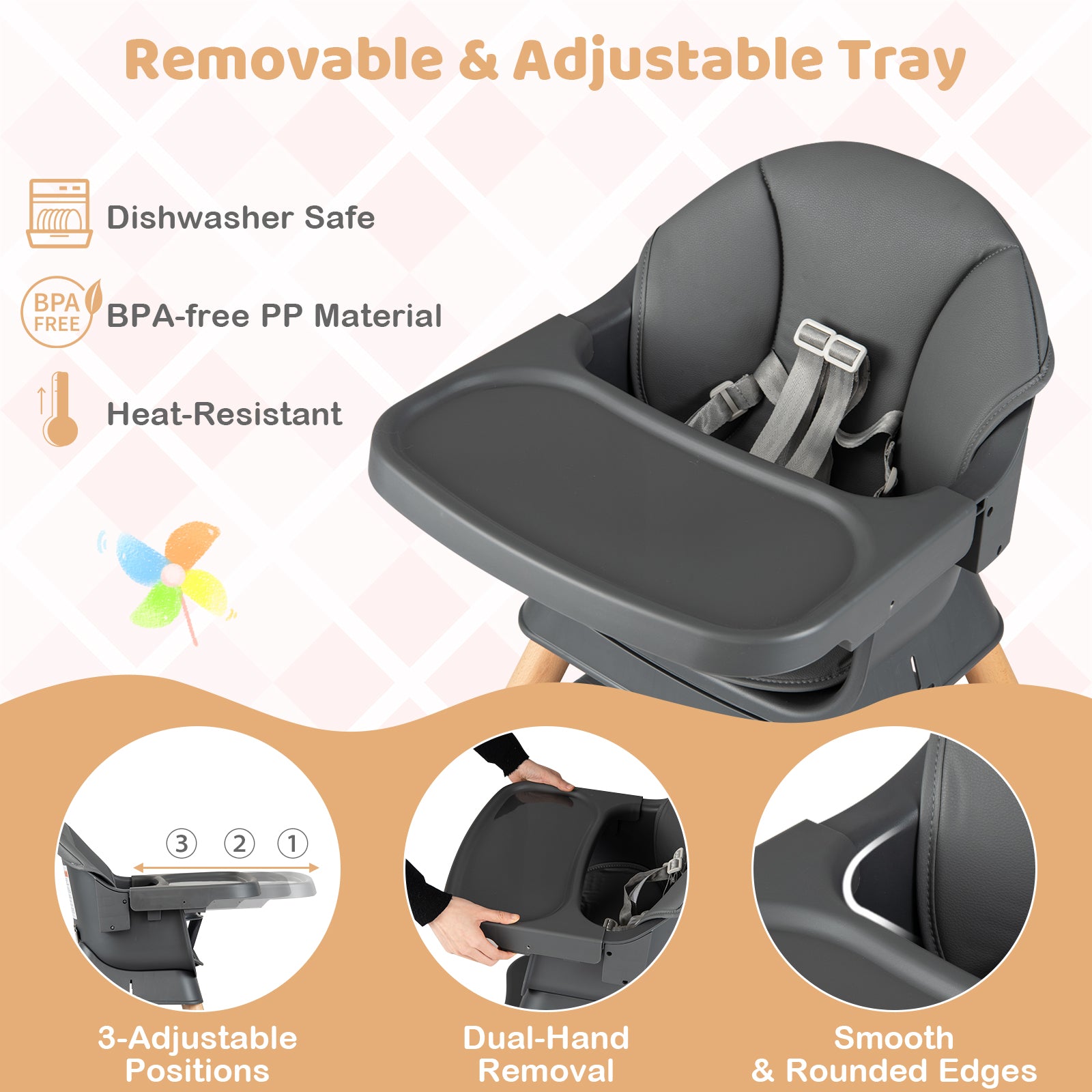 9-in-1 Convertible High Chair with Solid Wood Legs for Babies and Toddlers-Gray