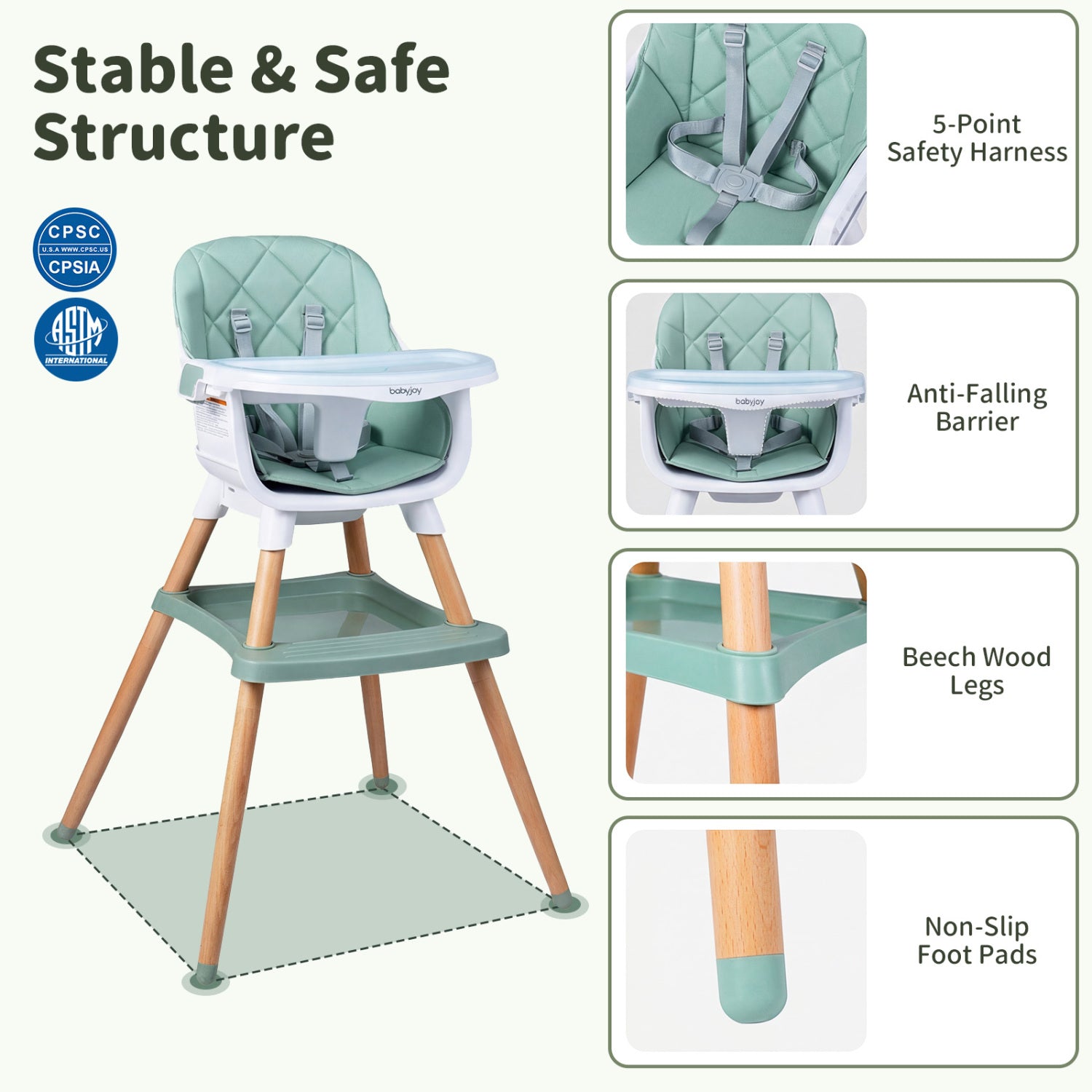 9-in-1 Convertible High Chair for Babies and Toddlers with Seat Cushion-Green