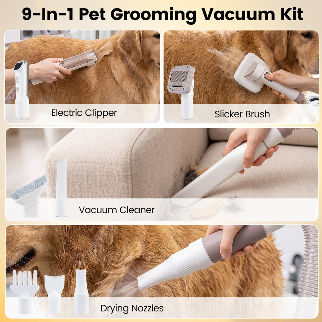 9-in-1 Dog Grooming Vacuum Kit for Shedding with 3 Suction Modes and Clippers for Dogs and Cats Home Cleaning