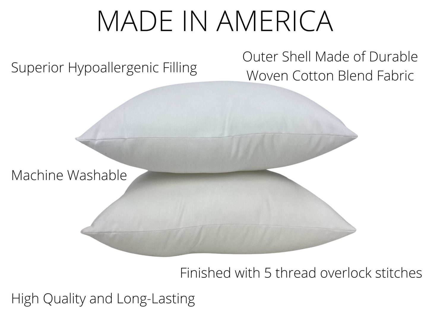Two white pillows with text highlighting features like 'Made in America' and 'Superior Hypoallergenic Filling'.