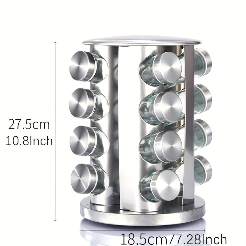 Stainless steel spice rack with measurement text on a white background