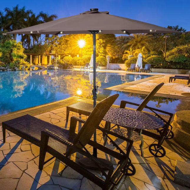 9FT Patio Solar Umbrella LED Patio Market Steel Tilt W/ Crank Outdoor New-Tan - Tan - Outdoor Umbrellas