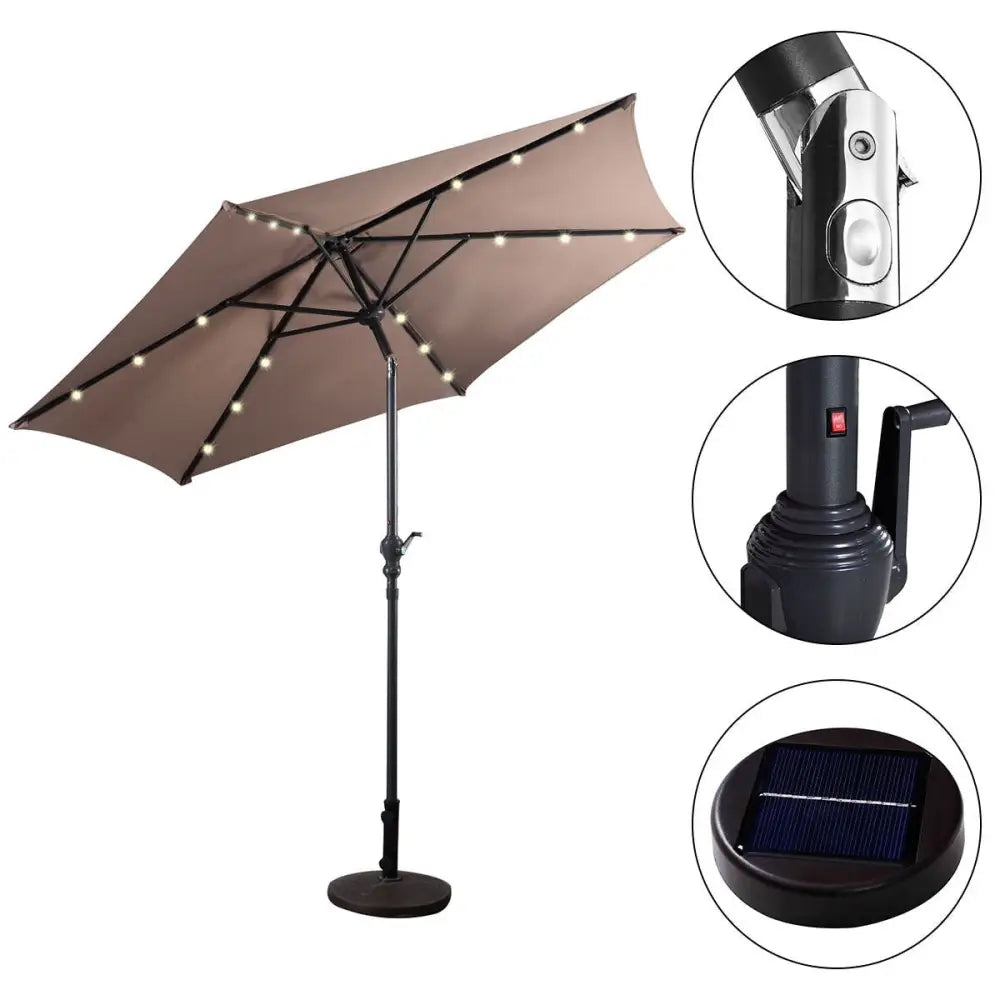 9FT Patio Solar Umbrella LED Patio Market Steel Tilt W/ Crank Outdoor New-Tan - Tan - Outdoor Umbrellas