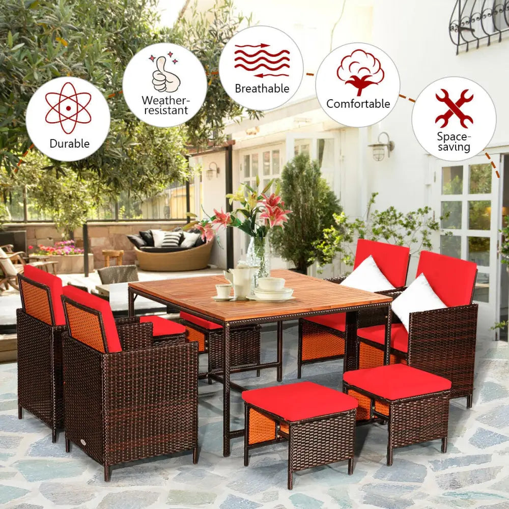 9PCS Patio Rattan Dining Cushioned Chairs Set-Red - Red - Patio Dining Sets