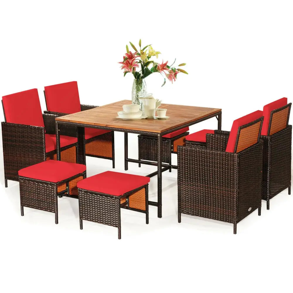 9PCS Patio Rattan Dining Cushioned Chairs Set-Red - Red - Patio Dining Sets